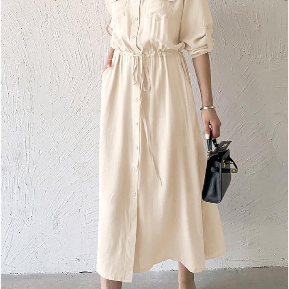 Women Midi Dress Long Sleeve Button Down Casual Tied Waist A-line - Picture 3 of 6